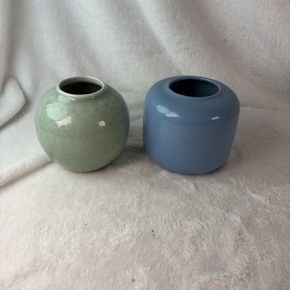 Vintage Mid Century Ceramic Rose Bowl Vase Pair Blue Star Toronto Celadon Taiwan